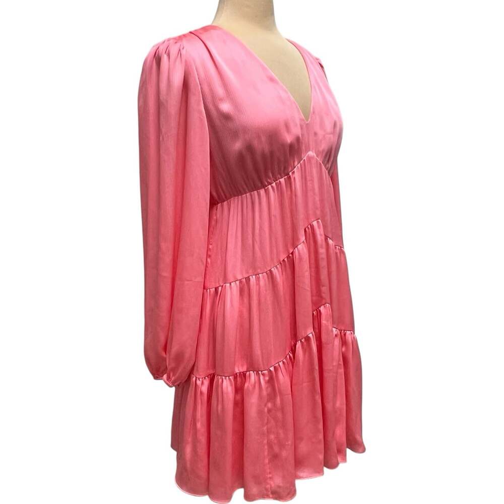 Trina Turk Make Merry Dress Pink Satin Tiered Long Sleeve V-Neck Mini NWT Size L - Picture 8 of 11